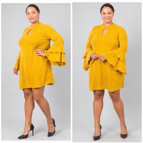 Mustard Yellow Bell Sleeve Knee Length Dress Keyhole Sweater Dress 2xl 3xl - Picture 6 of 11